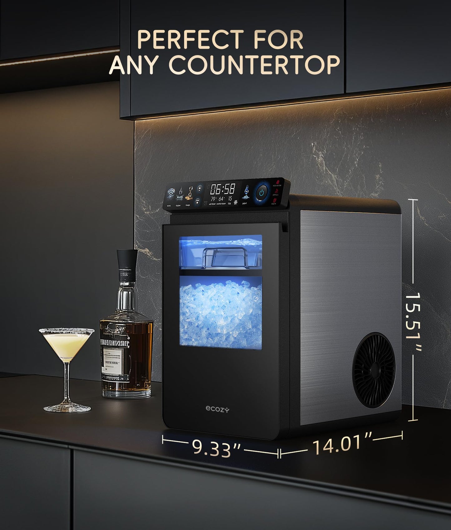 ecozy Portable Ice Cube Maker Countertop, 45 Lbs/Day, Self-Cleaning | Makes 24 Ice Cubes in Just 13 Mins, Perfect for Home, Kitchen, Bar, Office and RV, Stainless Steel