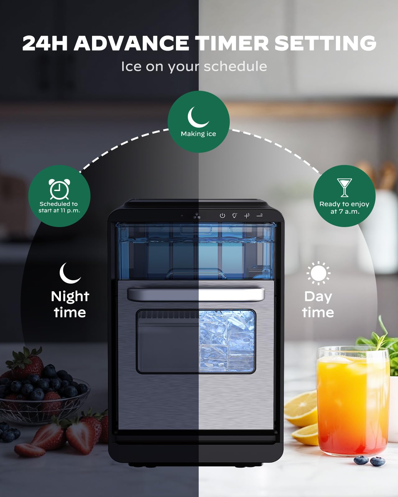 Nugget Ice Maker Countertop - Silonn Smart Pebble Ice Machine, Pellet Ice 44 lbs per Day, Crushed Ice from Timer Function and Status Alerts with Silonn App, Stainless Steel