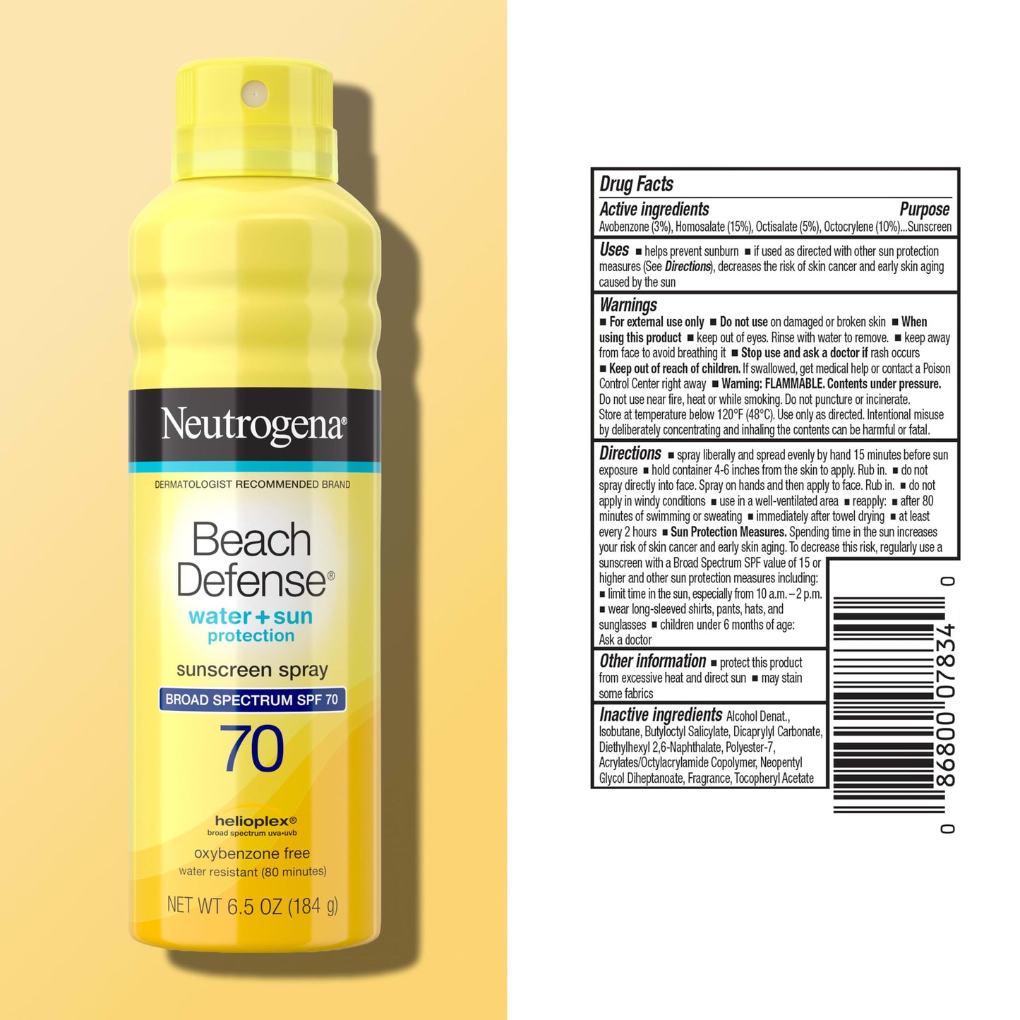 Neutrogena Beach Defense Sunscreen Spray SPF 70 Broad Spectrum UVA UVB Protection Lightweight Water Resistant up to 80 Minutes Beach-Strength Sun Protection for Whole Family, 6.5 oz