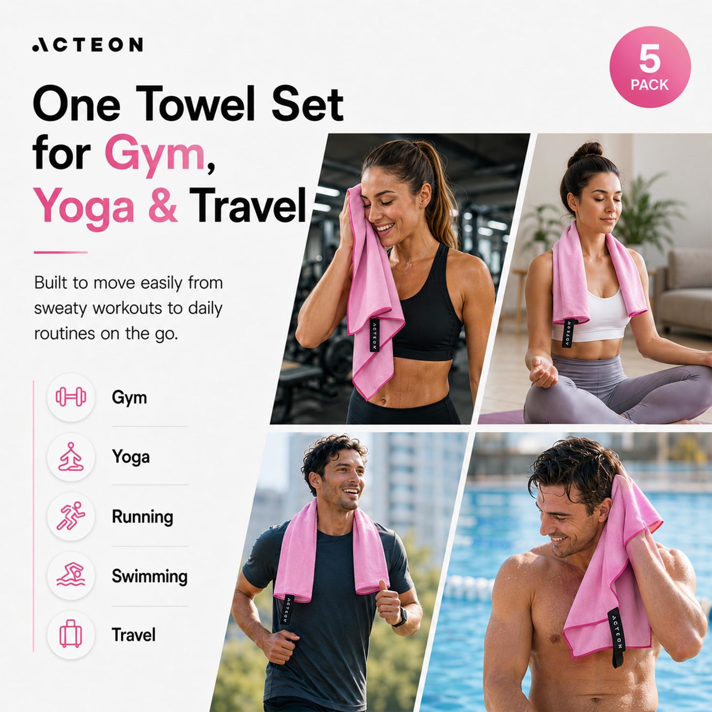 Acteon Microfiber Gym Towels 5 Pack, Quick Dry Silver ION Odor-Free Sweat Towel, Super Absorbent Fast Drying for Men & Women, Workout, Yoga, Running, Hiking, Travel – 16x30.5 Inch