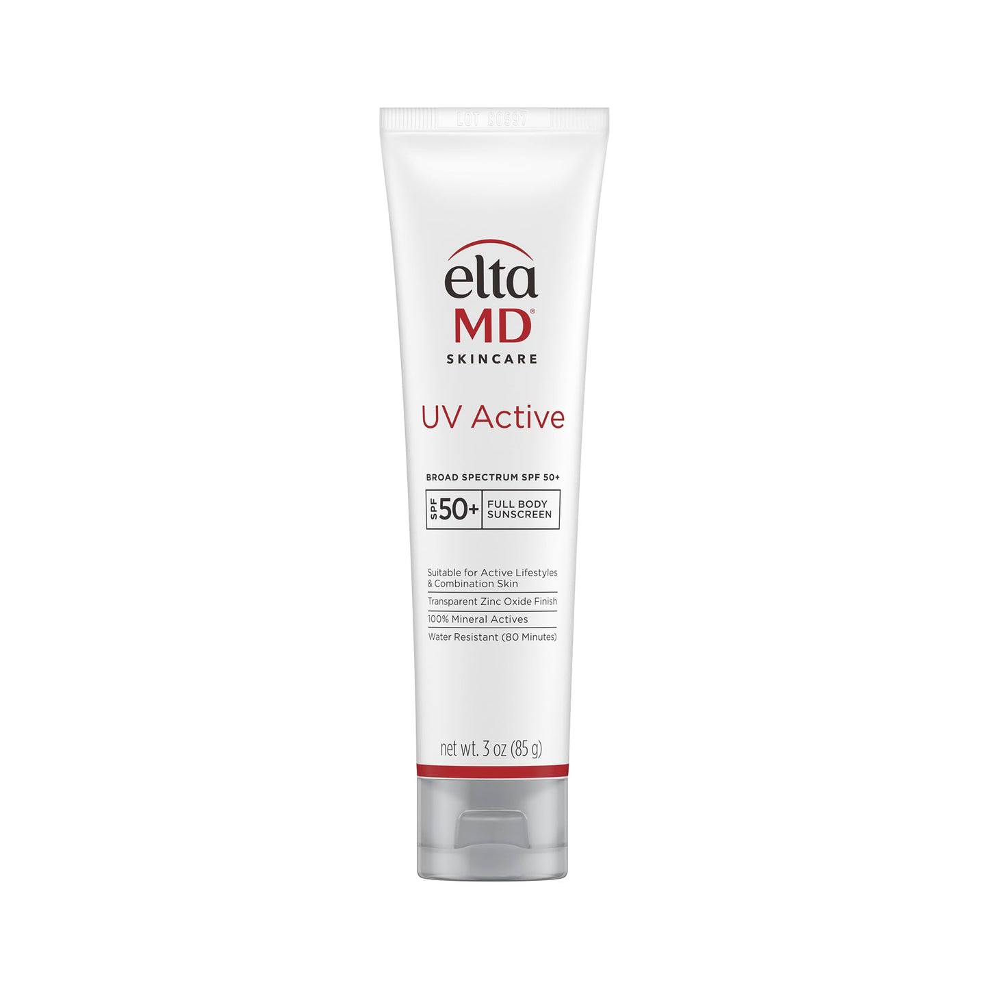 EltaMD UV Active 100% Mineral Sunscreen, SPF 50+ Full Body Sunscreen for Active Lifestyles, Water Resistant Up to 80 Minutes, 3.0 oz Tube