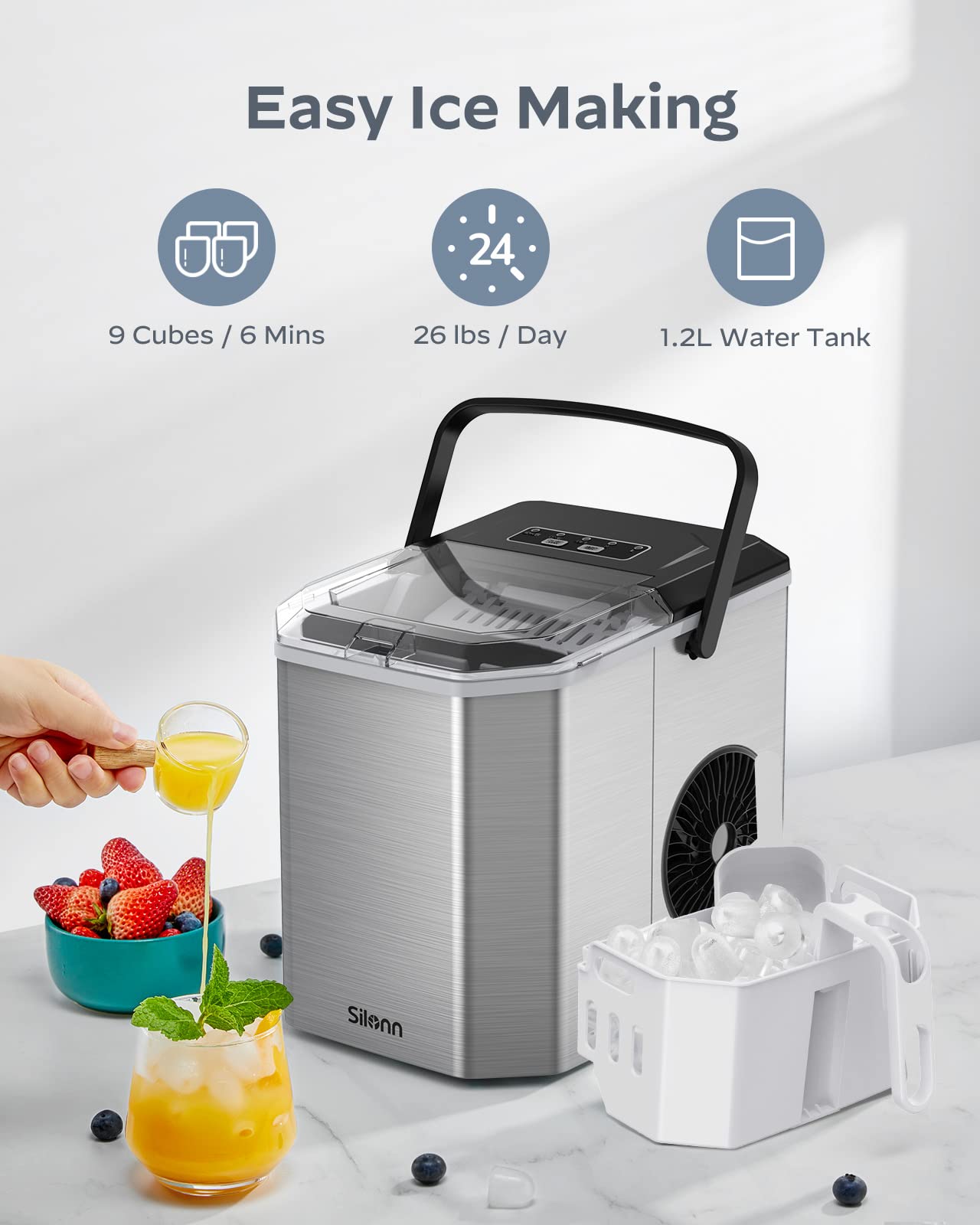 Nugget Ice Maker Countertop - Silonn Smart Pebble Ice Machine, Pellet Ice 44 lbs per Day, Crushed Ice from Timer Function and Status Alerts with Silonn App, Stainless Steel
