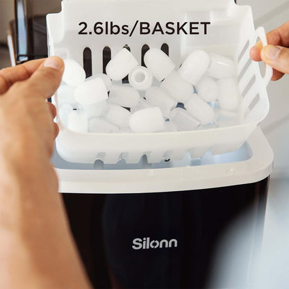 Silonn Countertop Ice Maker with 2.5L Expandable Ice Basket, 26.5lbs/24H, 9 Cubes in 6 Mins, 2 Ice Sizes, Self-Cleaning & LED Touch Control for Home Kitchen Office