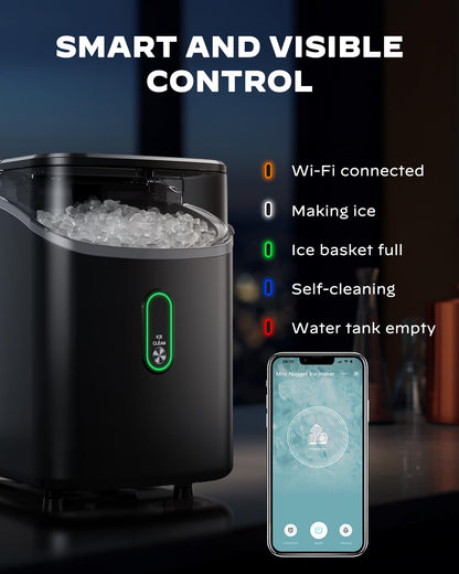 Nugget Ice Maker Countertop - Silonn Smart Pebble Ice Machine, Pellet Ice 44 lbs per Day, Crushed Ice from Timer Function and Status Alerts with Silonn App, Stainless Steel