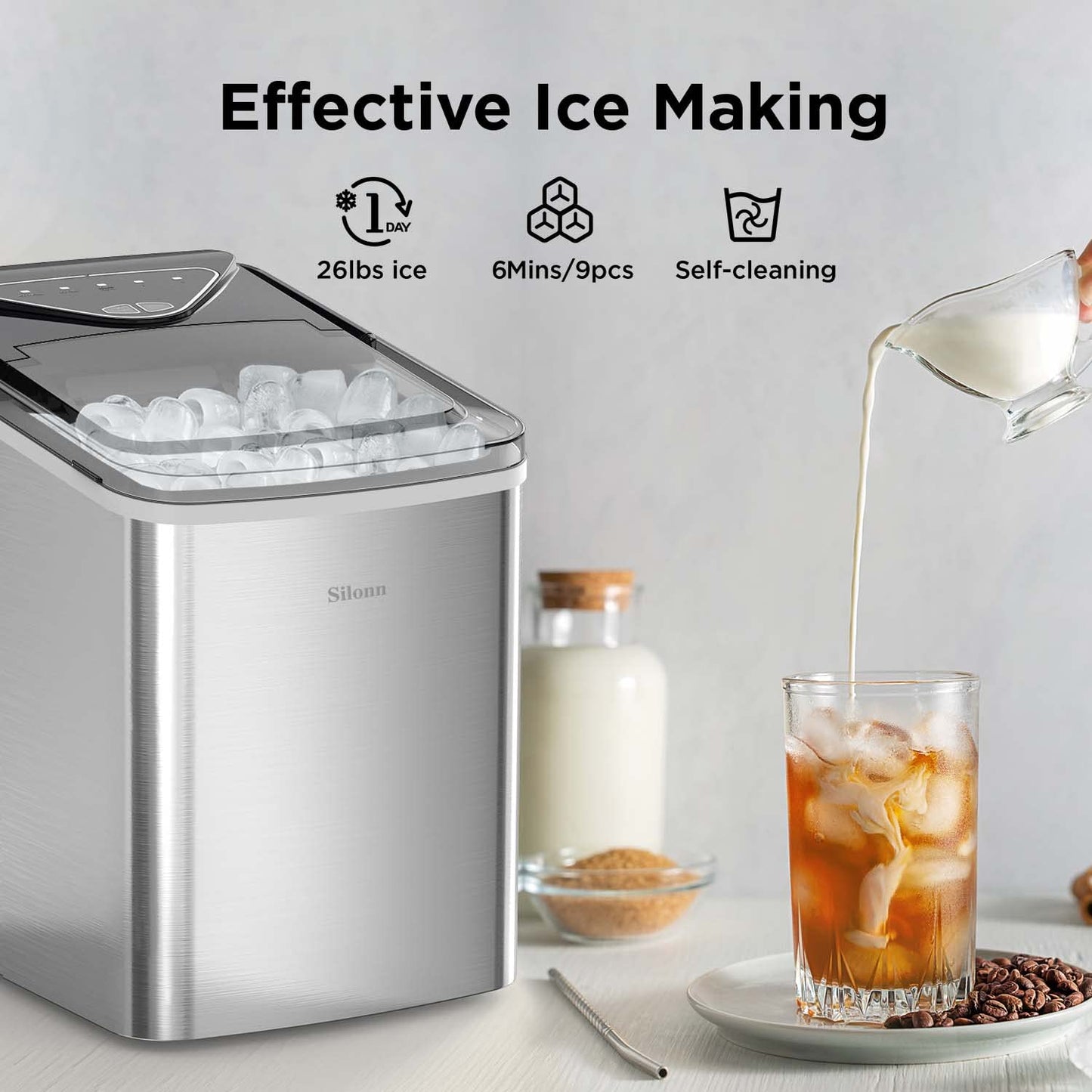 Silonn Countertop Ice Maker with 2.5L Expandable Ice Basket, 26.5lbs/24H, 9 Cubes in 6 Mins, 2 Ice Sizes, Self-Cleaning & LED Touch Control for Home Kitchen Office