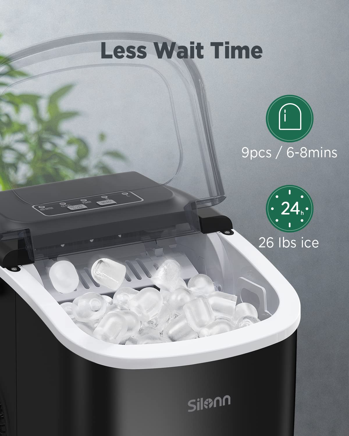 Nugget Ice Maker Countertop - Silonn Smart Pebble Ice Machine, Pellet Ice 44 lbs per Day, Crushed Ice from Timer Function and Status Alerts with Silonn App, Stainless Steel