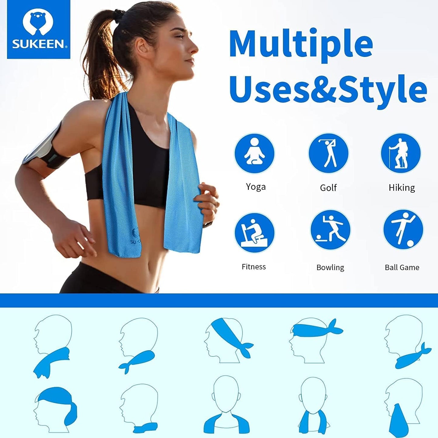 Sukeen 4 Pack Cooling Towels (40"x12") for Neck and Face, Cooling Neck Wraps, Breathable Cooling Towel for Hot Weather, Sweat Towels for Yoga, Sports, Golf, Gym, Camping, Running, Fitness, Workout