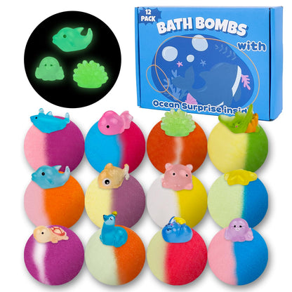 Bath Bombs for Kids, 12 Pcs Bath Bombs with Glow in The Dark Animal Surprise Inside, Handmade Organic Bubble Bath Ball Gift Set for Boys and Girls, Gift for Birthday Christmas Easter