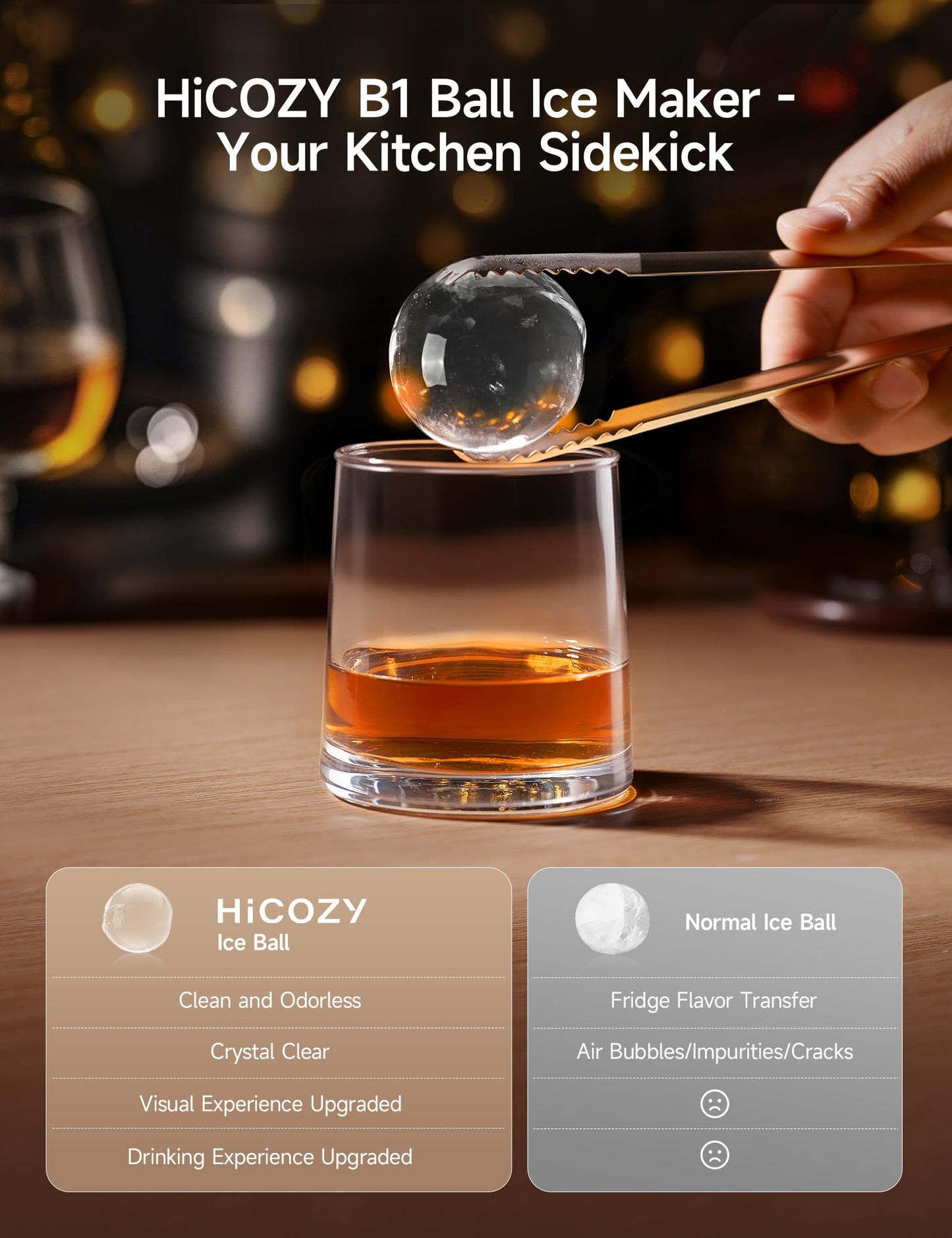 HiCOZY B1 2" Clear Ice Ball Maker Countertop,Sphere Ice Maker, 2 Big Crystal Balls in 60Mins,40 pcs/Day, Self-Cleaning Round Ice Cube Machine with Ice Tong for Cocktails, Whiskey