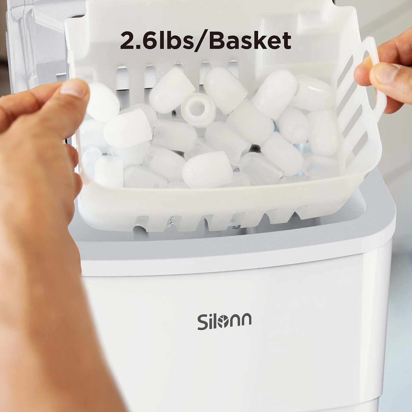 Silonn Countertop Ice Maker with 2.5L Expandable Ice Basket, 26.5lbs/24H, 9 Cubes in 6 Mins, 2 Ice Sizes, Self-Cleaning & LED Touch Control for Home Kitchen Office