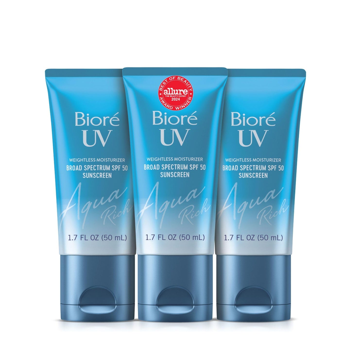 Biore UV Aqua Rich Daily Hydrating Facial Moisturizer with SPF 50 | Oil Free Sunscreen & Primer for Makeup with Hyaluronic Acid, No White Cast, Non-Comedogenic, For Sensitive Skin, PA++++, 1.7 Oz