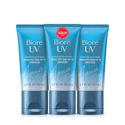 Biore UV Aqua Rich Daily Hydrating Facial Moisturizer with SPF 50 | Oil Free Sunscreen & Primer for Makeup with Hyaluronic Acid, No White Cast, Non-Comedogenic, For Sensitive Skin, PA++++, 1.7 Oz