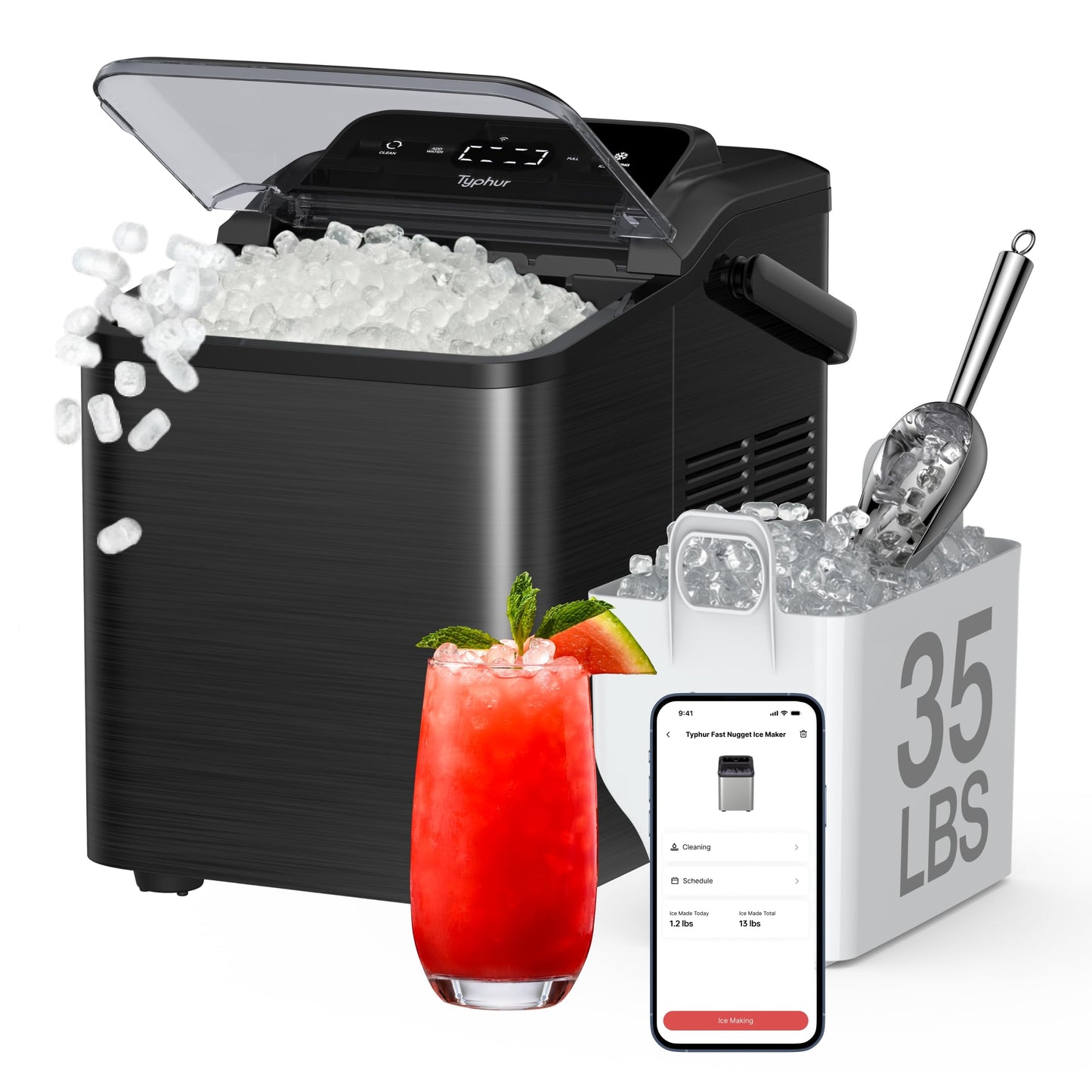 Typhur Smart Nugget Ice Maker Countertop with App Control, Pebble Ice Machine, Portable Pellet Ice Maker with Handle, Self-Cleaning Pump, 8 Cleaners, 35lbs/24H for Home, Kitchen, Office, RV, Silver