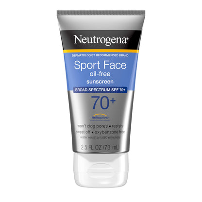 Neutrogena, Sport Face Sunscreen SPF 70+, Oil-Free, Sweat and Water-Resistant, Broad-Spectrum UVA/UVB, 2.5 Fl Oz