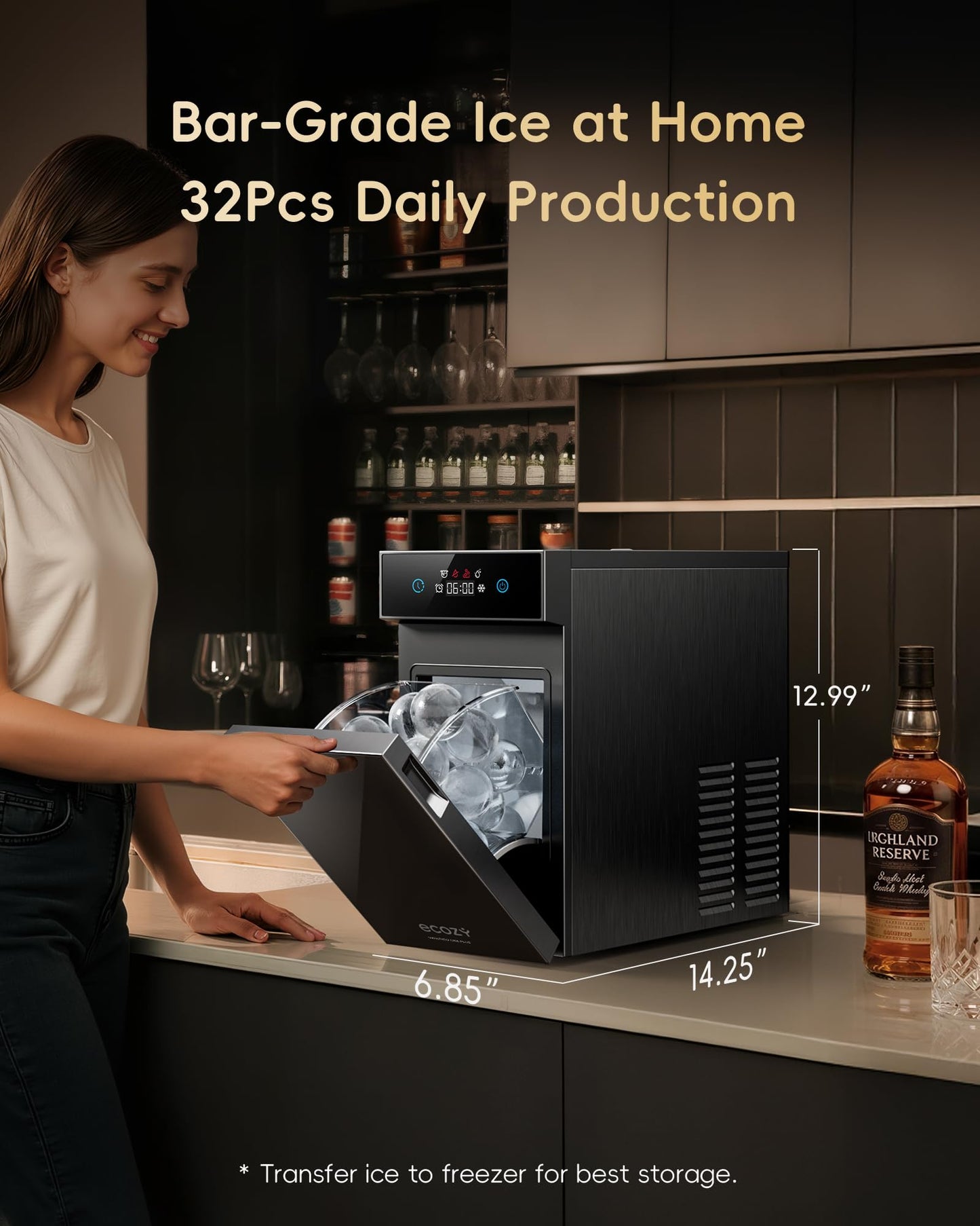Ecozy Countertop Ice Maker, Portable, Self-Cleaning, 9 Bullet Ice Cubes in 6 Mins, 26lbs/24Hrs, Ice Maker Machine with Ice Bags, Handle, Standing Scoop and Basket, Black, IM-BS261C