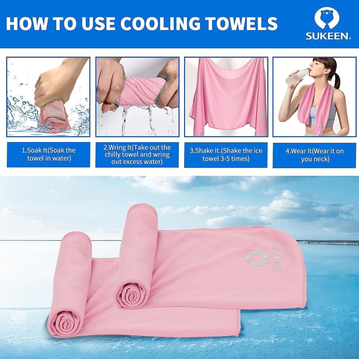 Sukeen 4 Pack Cooling Towels (40"x12") for Neck and Face, Cooling Neck Wraps, Breathable Cooling Towel for Hot Weather, Sweat Towels for Yoga, Sports, Golf, Gym, Camping, Running, Fitness, Workout