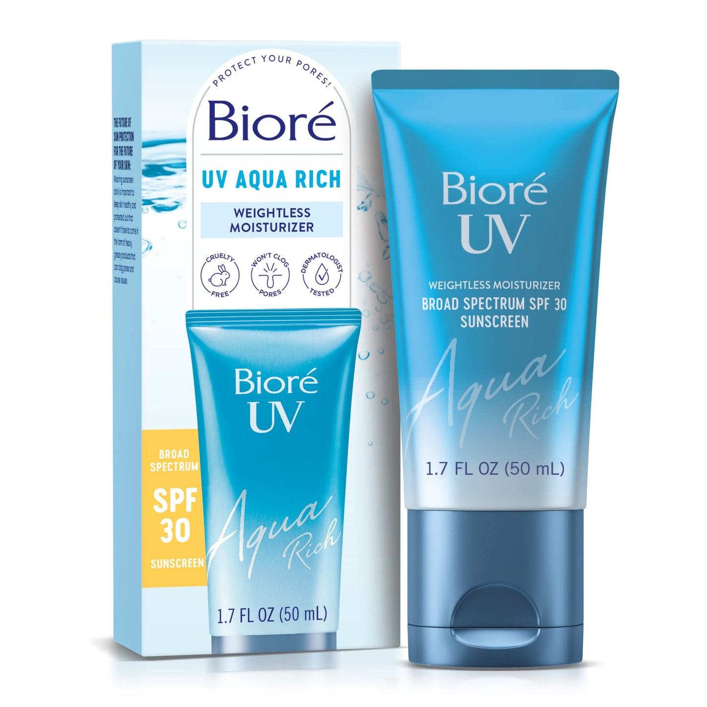 Biore UV Aqua Rich Daily Hydrating Facial Moisturizer with SPF 50 | Oil Free Sunscreen & Primer for Makeup with Hyaluronic Acid, No White Cast, Non-Comedogenic, For Sensitive Skin, PA++++, 1.7 Oz