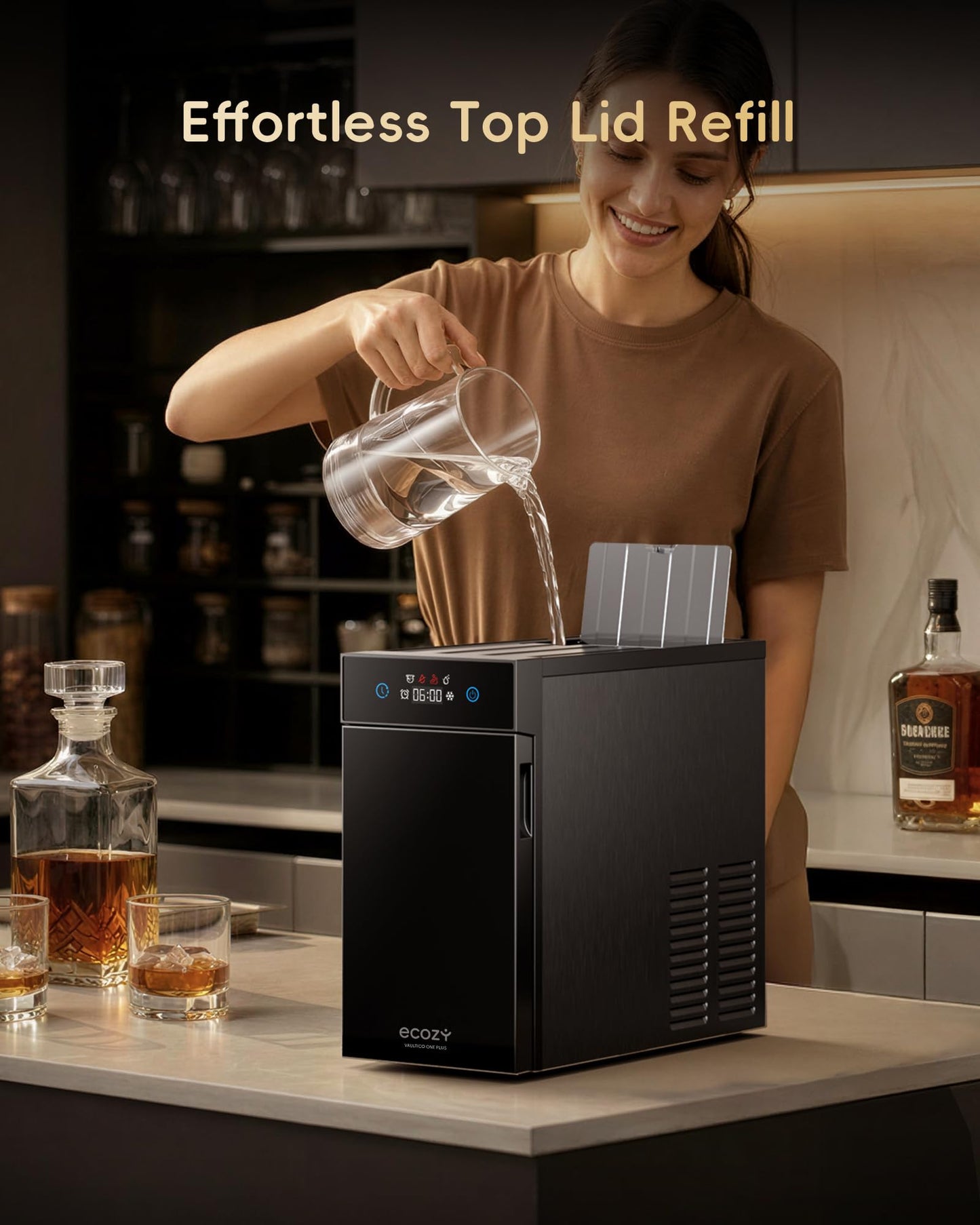 Ecozy Countertop Ice Maker, Portable, Self-Cleaning, 9 Bullet Ice Cubes in 6 Mins, 26lbs/24Hrs, Ice Maker Machine with Ice Bags, Handle, Standing Scoop and Basket, Black, IM-BS261C