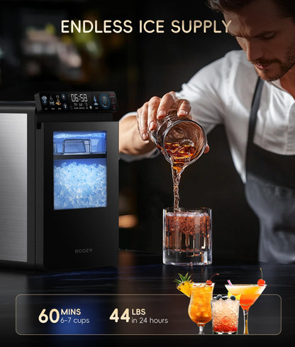 ecozy Portable Ice Cube Maker Countertop, 45 Lbs/Day, Self-Cleaning | Makes 24 Ice Cubes in Just 13 Mins, Perfect for Home, Kitchen, Bar, Office and RV, Stainless Steel