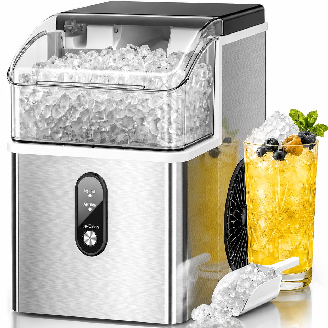 Kismile Nugget Ice Makers Countertop,35Lbs/24H,Portable Sonic Ice Machine with Self-Cleaning,One-Click Operation for Home/Office(Stainless Steels Silver)