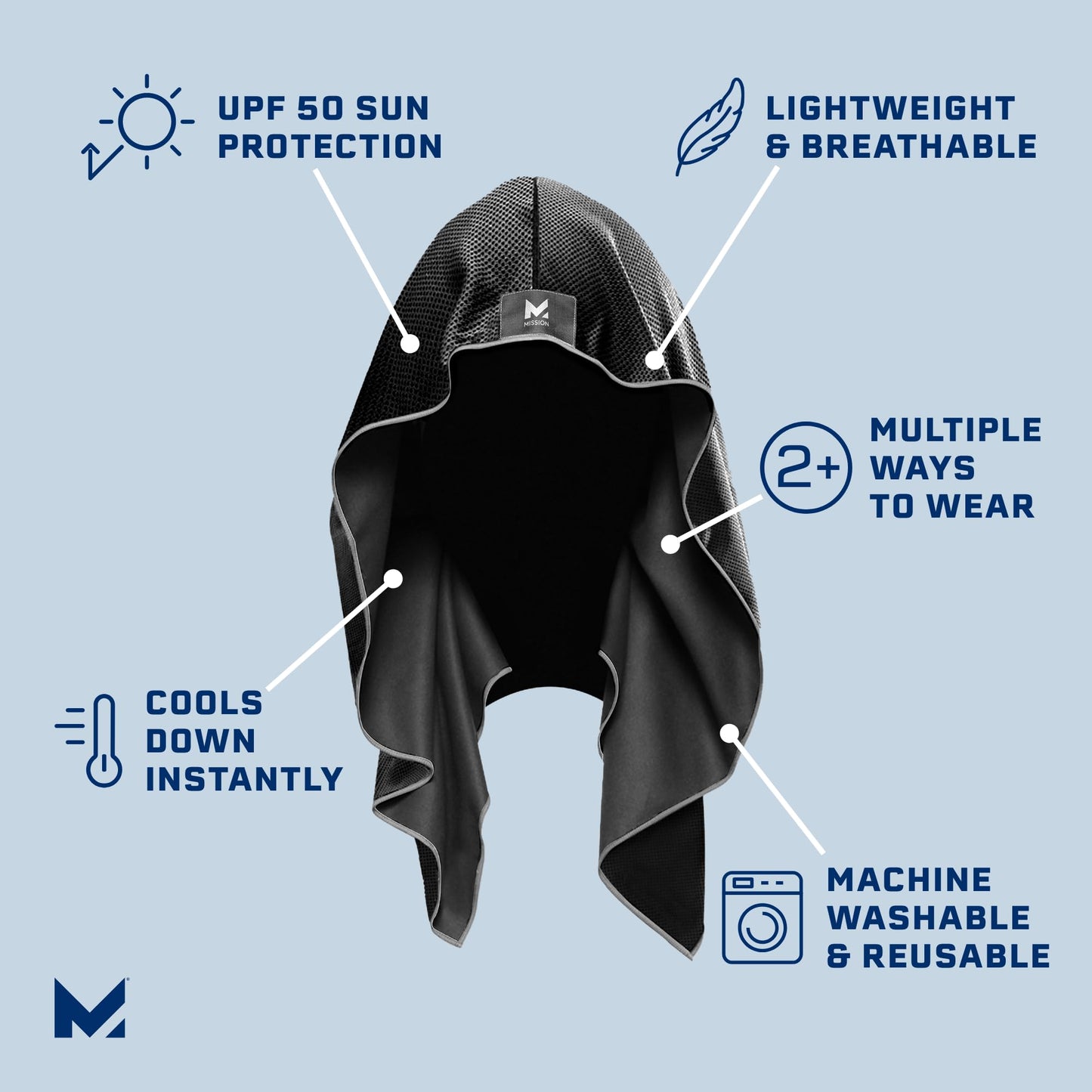 MISSION Cooling Hoodie Towel, Evaporative Cool Technology, Cools Instantly When Wet, UPF 50 Sun Protection, Contours Your Head to Stay in Place, Great for Sports, Fitness, Gym