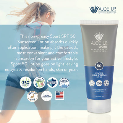Aloe Up Sport Sunscreen Body Lotion SPF 50 – Broad Spectrum Sunblock With Aloe Vera Gel – Non-Greasy, Skin Sun Protection, No White Cast – Sunscreen – Fragrance-Free – 6 Oz, 2-Pack