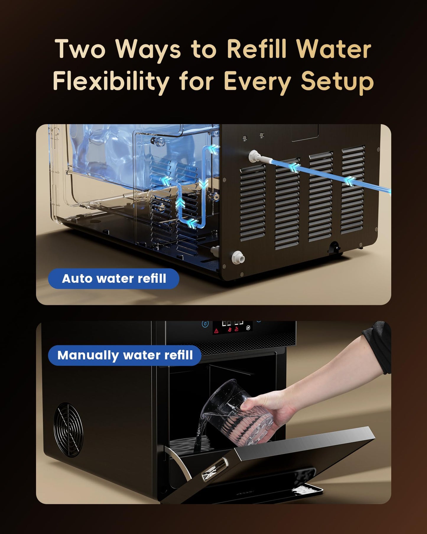 Ecozy Countertop Ice Maker, Portable, Self-Cleaning, 9 Bullet Ice Cubes in 6 Mins, 26lbs/24Hrs, Ice Maker Machine with Ice Bags, Handle, Standing Scoop and Basket, Black, IM-BS261C
