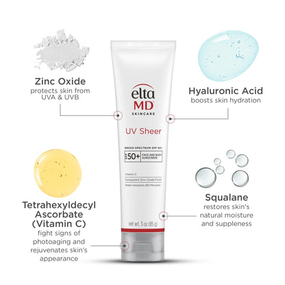 EltaMD UV Sheer Face and Body Sunscreen SPF 50+, No White Cast Sunscreen with Transparent Zinc Oxide and Hyaluronic Acid, Moisturizes and Protects