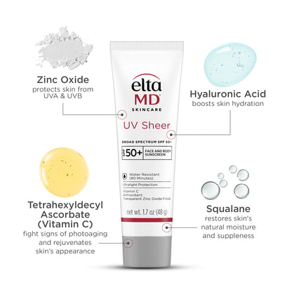 EltaMD UV Sheer Face and Body Sunscreen SPF 50+, No White Cast Sunscreen with Transparent Zinc Oxide and Hyaluronic Acid, Moisturizes and Protects