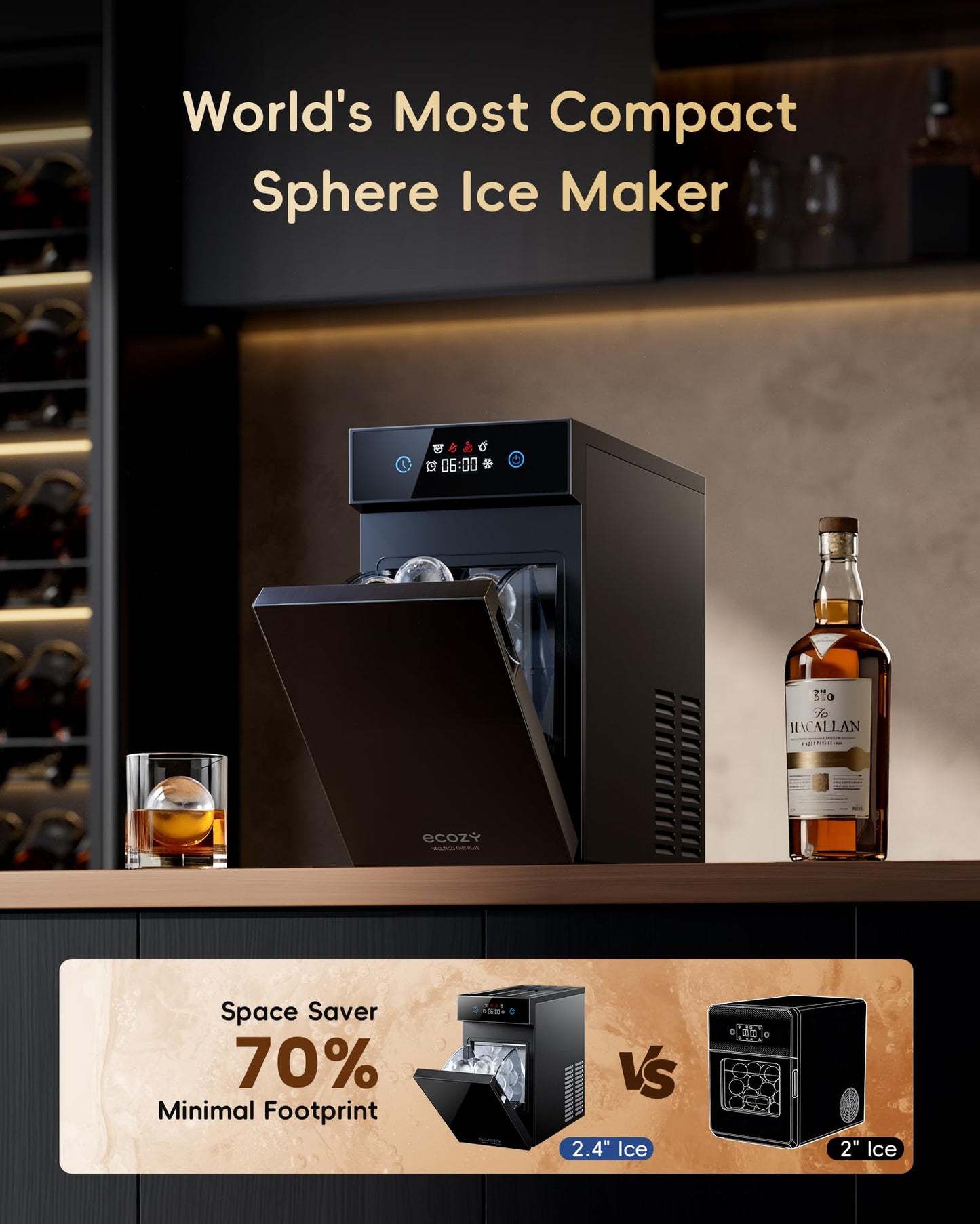 Ecozy Countertop Ice Maker, Portable, Self-Cleaning, 9 Bullet Ice Cubes in 6 Mins, 26lbs/24Hrs, Ice Maker Machine with Ice Bags, Handle, Standing Scoop and Basket, Black, IM-BS261C