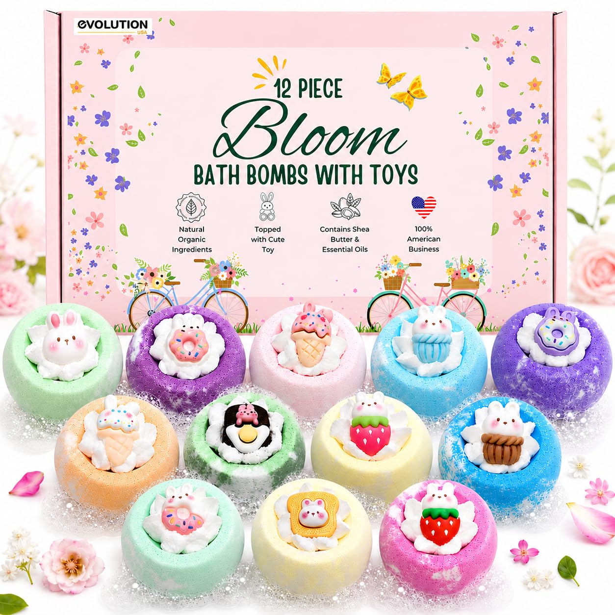 EvolutionUSA 12 Bloom Bath Bombs with Toys - Adorable Girl Bath Bomb Set, Bubbly Kids Bathbombs, Fizzy Bath Ball, Kids Bath Bombs for Girls, Childrens Bath Bomb Set Easter, Birthday, Christmas Gift
