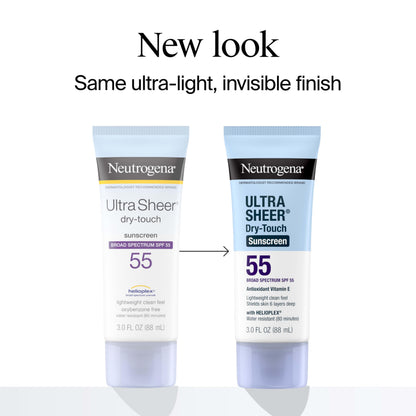 Neutrogena, Ultra Sheer Dry-Touch Sunscreen SPF 55 for Face and Body, Lightweight Non Greasy Broad Spectrum Uva/Uvb Protection, No White Cast, Water Resistant (80 Min) Travel Sunscreen Lotion, 88.7 mL
