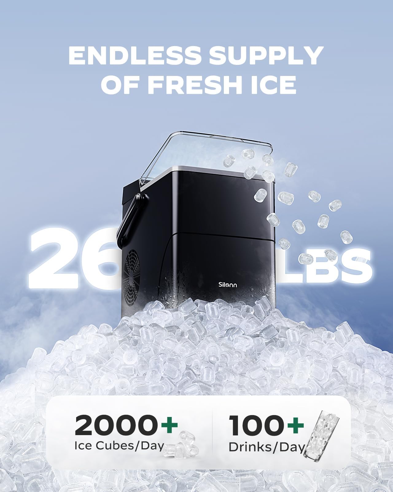 Silonn Countertop Ice Maker with 2.5L Expandable Ice Basket, 26.5lbs/24H, 9 Cubes in 6 Mins, 2 Ice Sizes, Self-Cleaning & LED Touch Control for Home Kitchen Office
