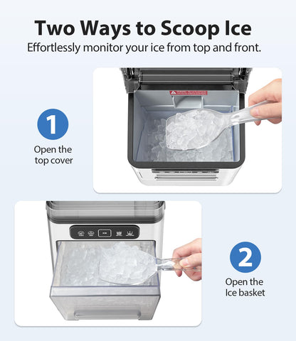 Nugget Ice Maker 40lbs/Day, Countertop Ice Maker Soft Chewable Ice, Ice Makers One-Click & Self-Cleaning, Crushed Pellet Ice Machine with Scoop&Basket for Home/Kitchen/Office, Stainless Silver