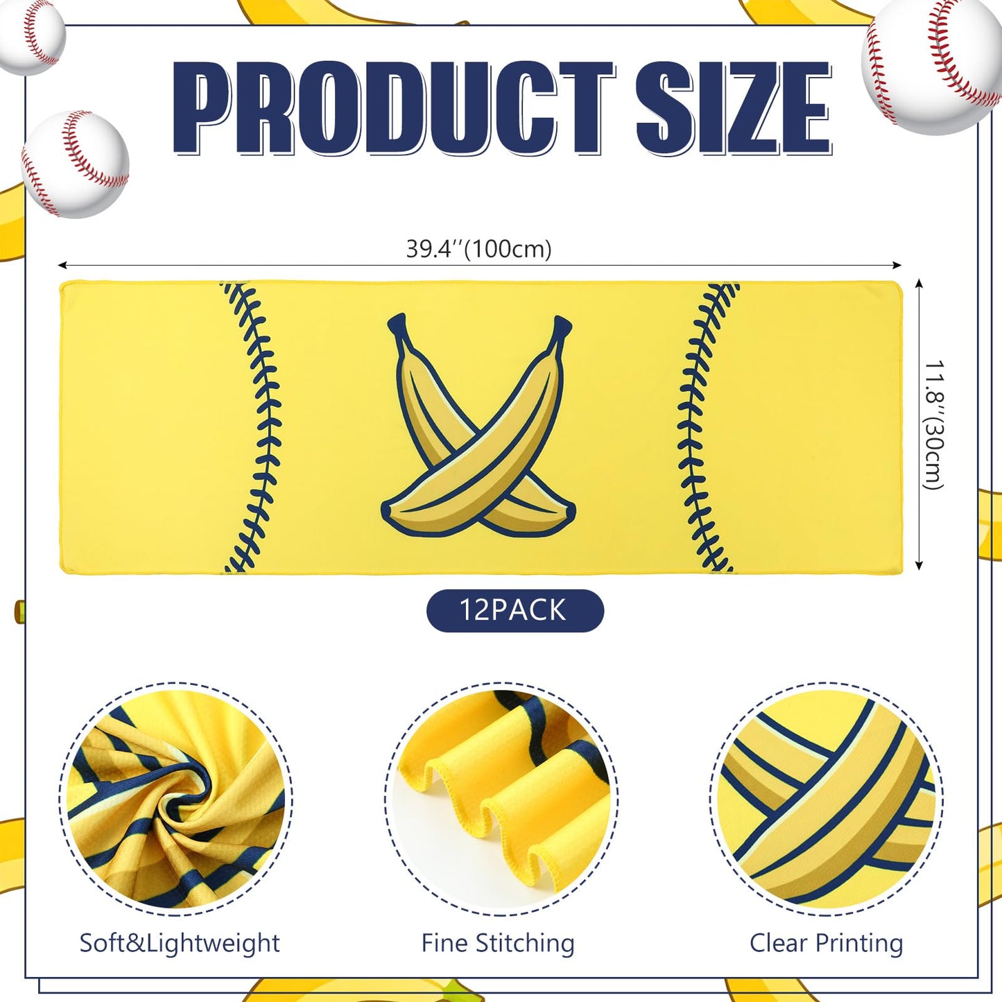 12 Pcs Cooling Towel Baseball Football Basketball Breathable Chilly Softball Soccer Ice Towel, 40"x12" Tennis Microfiber Accessories for Player(White,Baseball)