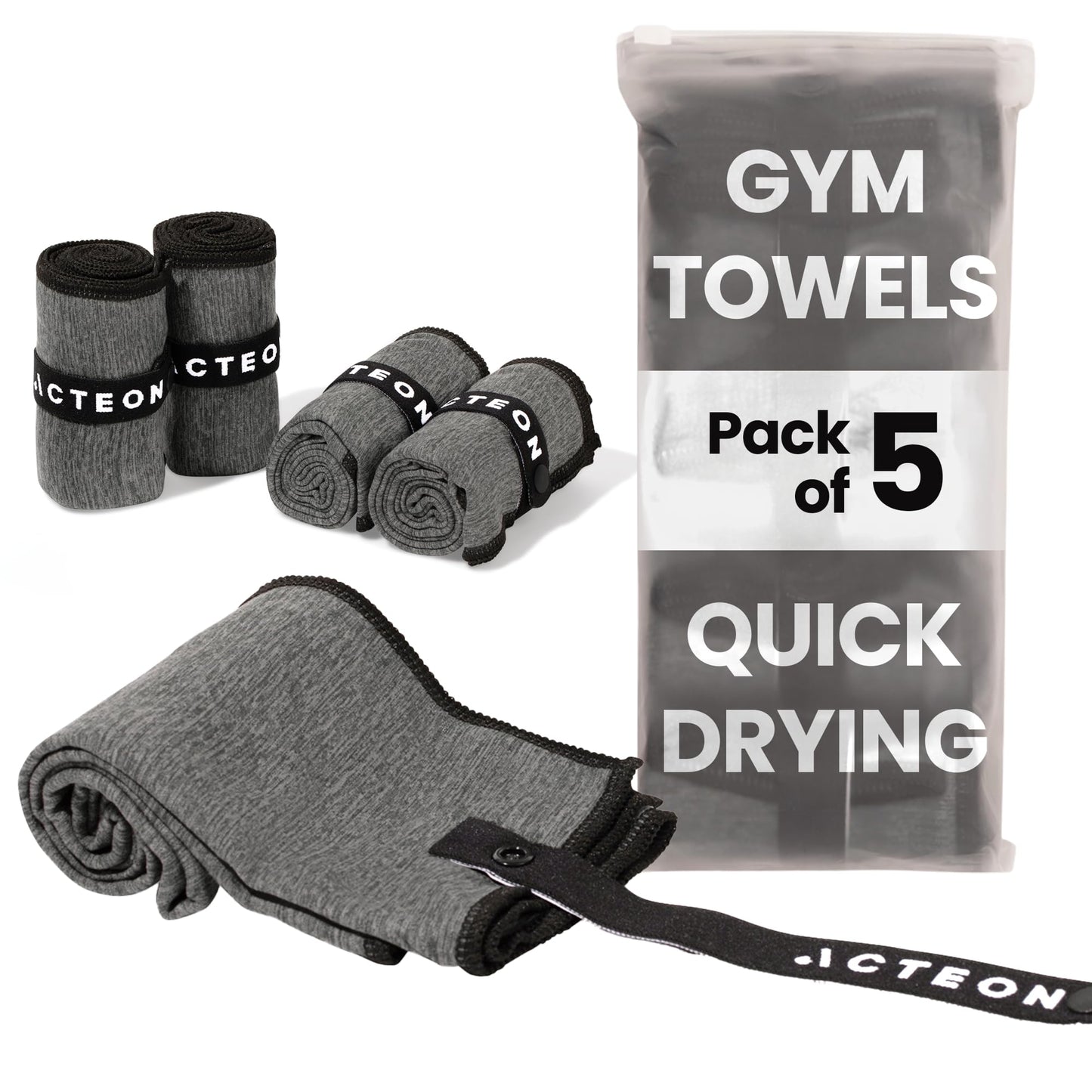 Acteon Microfiber Gym Towels 5 Pack, Quick Dry Silver ION Odor-Free Sweat Towel, Super Absorbent Fast Drying for Men & Women, Workout, Yoga, Running, Hiking, Travel – 16x30.5 Inch