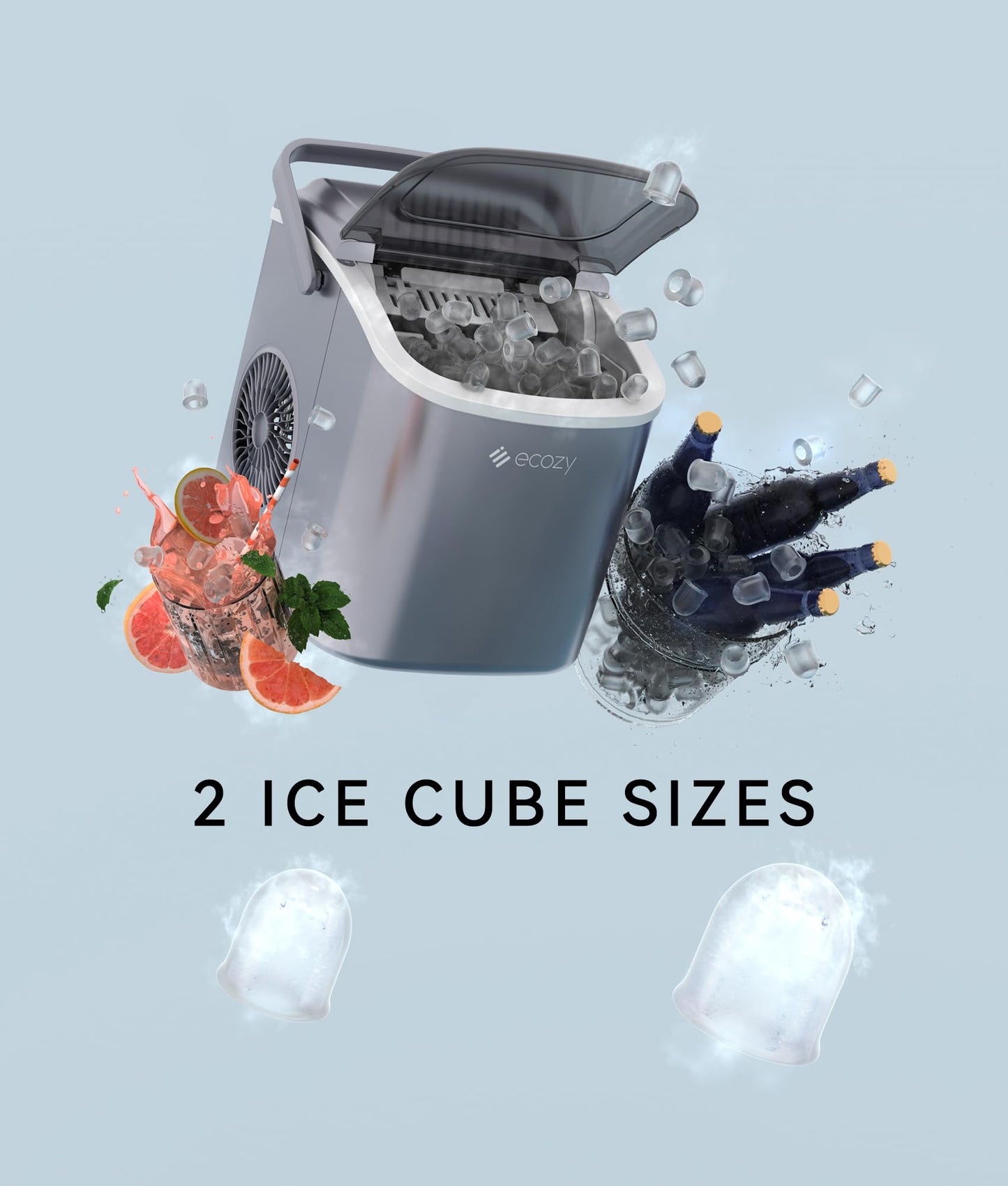 Ecozy Countertop Ice Maker, Portable, Self-Cleaning, 9 Bullet Ice Cubes in 6 Mins, 26lbs/24Hrs, Ice Maker Machine with Ice Bags, Handle, Standing Scoop and Basket, Black, IM-BS261C