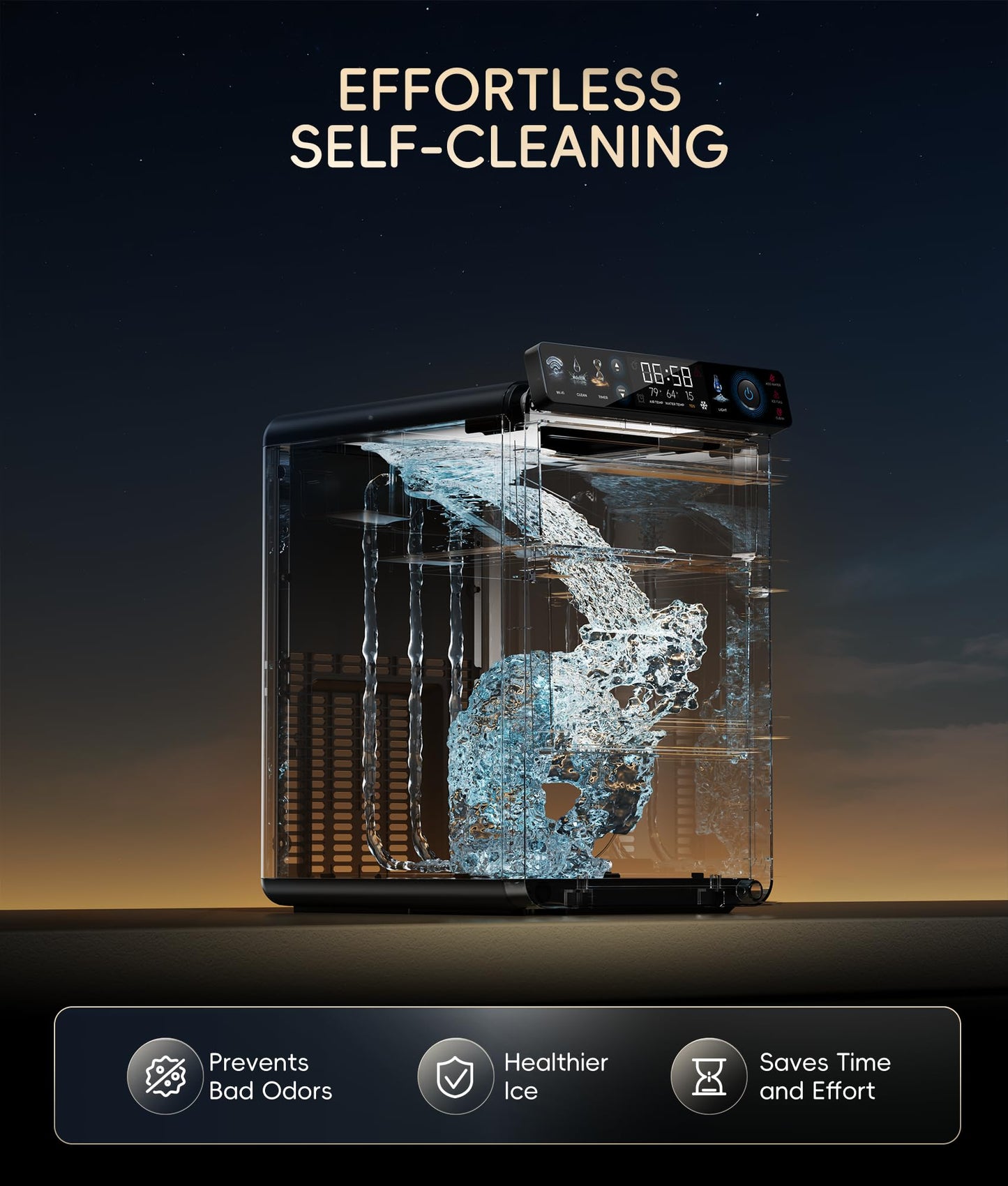 ecozy Portable Ice Cube Maker Countertop, 45 Lbs/Day, Self-Cleaning | Makes 24 Ice Cubes in Just 13 Mins, Perfect for Home, Kitchen, Bar, Office and RV, Stainless Steel