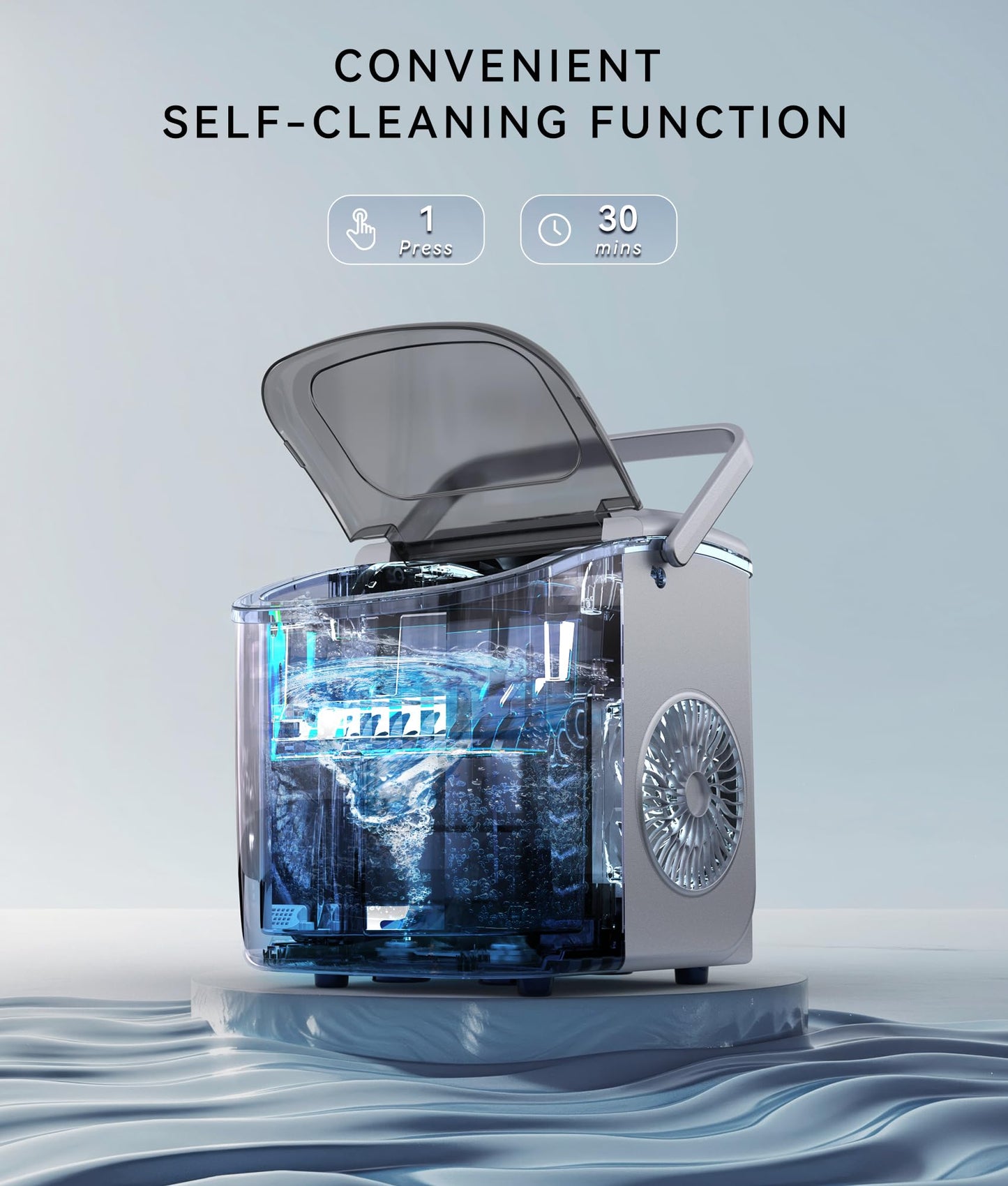 Ecozy Countertop Ice Maker, Portable, Self-Cleaning, 9 Bullet Ice Cubes in 6 Mins, 26lbs/24Hrs, Ice Maker Machine with Ice Bags, Handle, Standing Scoop and Basket, Black, IM-BS261C