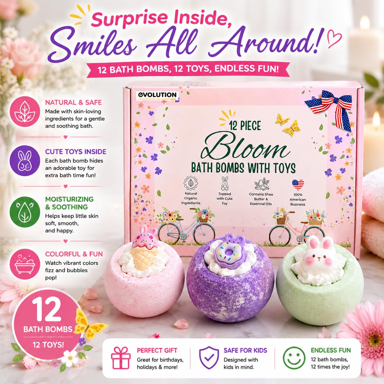 EvolutionUSA 12 Bloom Bath Bombs with Toys - Adorable Girl Bath Bomb Set, Bubbly Kids Bathbombs, Fizzy Bath Ball, Kids Bath Bombs for Girls, Childrens Bath Bomb Set Easter, Birthday, Christmas Gift