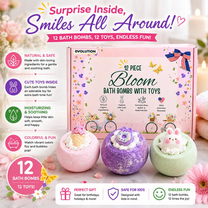 EvolutionUSA 12 Bloom Bath Bombs with Toys - Adorable Girl Bath Bomb Set, Bubbly Kids Bathbombs, Fizzy Bath Ball, Kids Bath Bombs for Girls, Childrens Bath Bomb Set Easter, Birthday, Christmas Gift