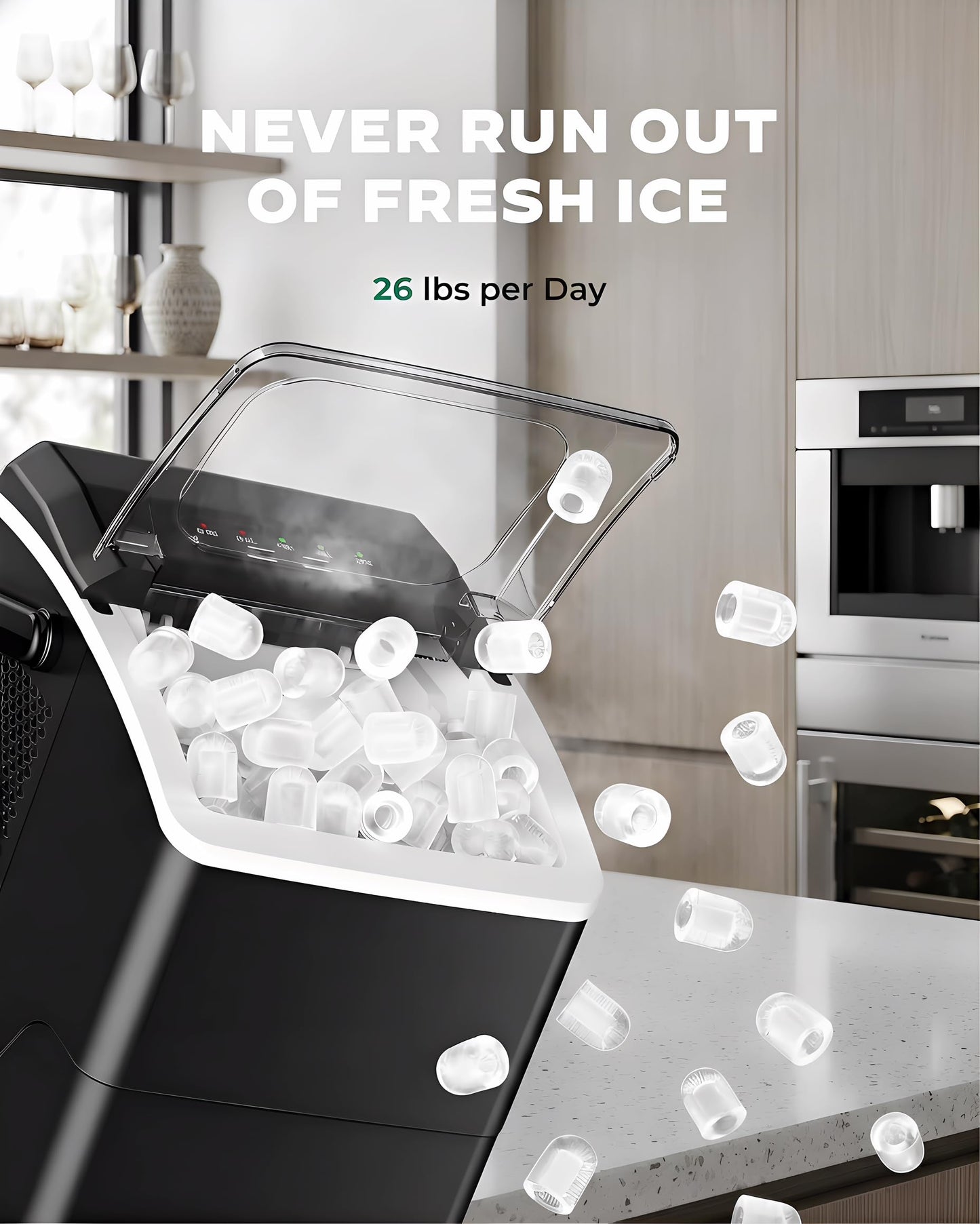 Silonn Countertop Ice Maker with 2.5L Expandable Ice Basket, 26.5lbs/24H, 9 Cubes in 6 Mins, 2 Ice Sizes, Self-Cleaning & LED Touch Control for Home Kitchen Office
