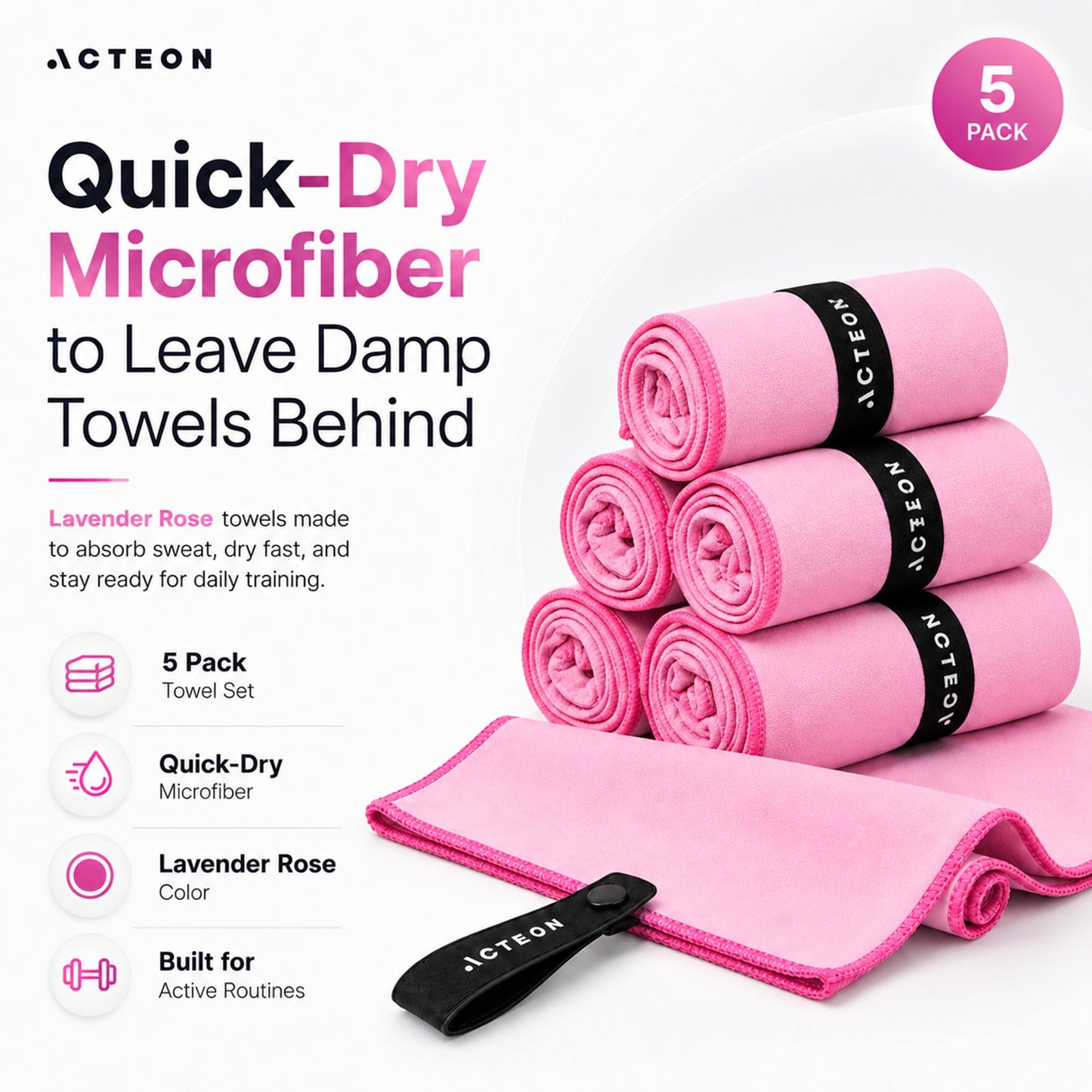 Acteon Microfiber Gym Towels 5 Pack, Quick Dry Silver ION Odor-Free Sweat Towel, Super Absorbent Fast Drying for Men & Women, Workout, Yoga, Running, Hiking, Travel – 16x30.5 Inch