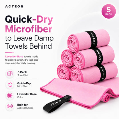 Acteon Microfiber Gym Towels 5 Pack, Quick Dry Silver ION Odor-Free Sweat Towel, Super Absorbent Fast Drying for Men & Women, Workout, Yoga, Running, Hiking, Travel – 16x30.5 Inch