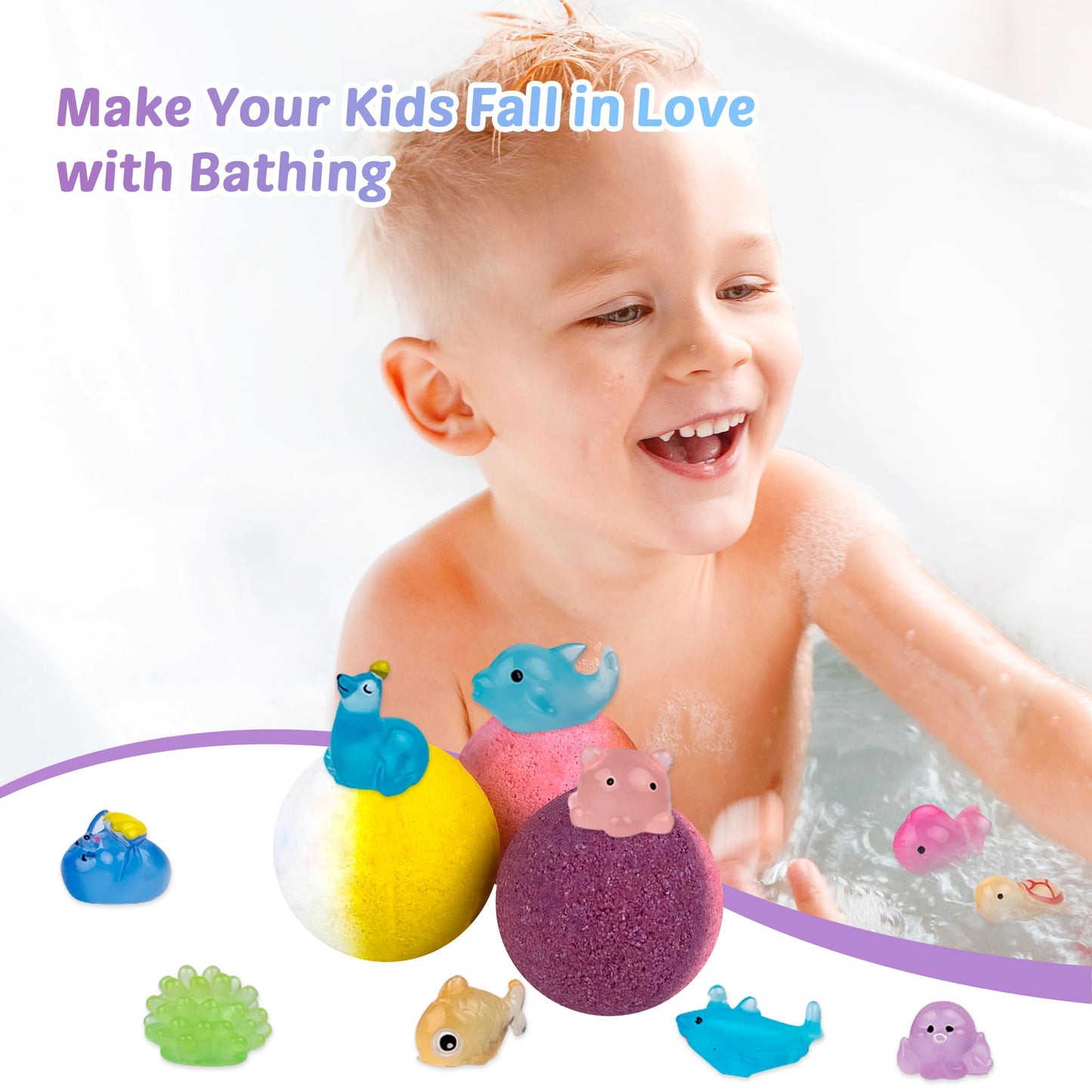 Bath Bombs for Kids, 12 Pcs Bath Bombs with Glow in The Dark Animal Surprise Inside, Handmade Organic Bubble Bath Ball Gift Set for Boys and Girls, Gift for Birthday Christmas Easter