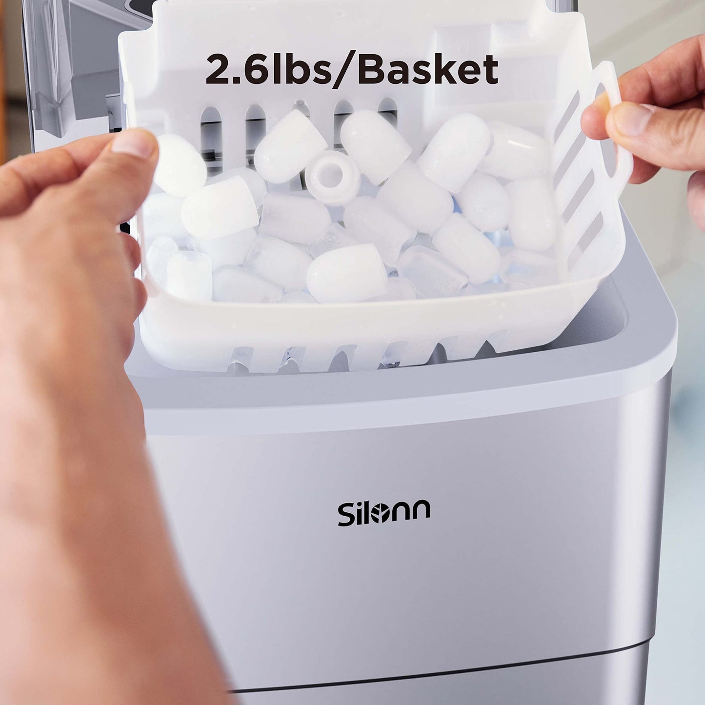 Silonn Countertop Ice Maker with 2.5L Expandable Ice Basket, 26.5lbs/24H, 9 Cubes in 6 Mins, 2 Ice Sizes, Self-Cleaning & LED Touch Control for Home Kitchen Office