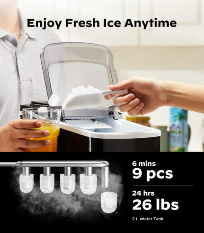 Silonn Countertop Ice Maker with 2.5L Expandable Ice Basket, 26.5lbs/24H, 9 Cubes in 6 Mins, 2 Ice Sizes, Self-Cleaning & LED Touch Control for Home Kitchen Office