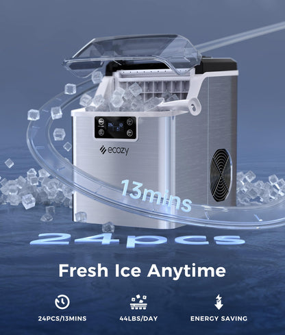 ecozy Portable Ice Cube Maker Countertop, 45 Lbs/Day, Self-Cleaning | Makes 24 Ice Cubes in Just 13 Mins, Perfect for Home, Kitchen, Bar, Office and RV, Stainless Steel