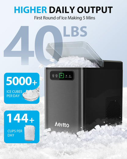 Aeitto Nugget Ice Maker Countertop, Pellet Ice Machine Soft Chewable Ice 40lbs/Day, One-Click Operation, Auto Self-Cleaning Crushed Ice Makers Stainless with Scoop for Home/Kitchen/Office (Grey)
