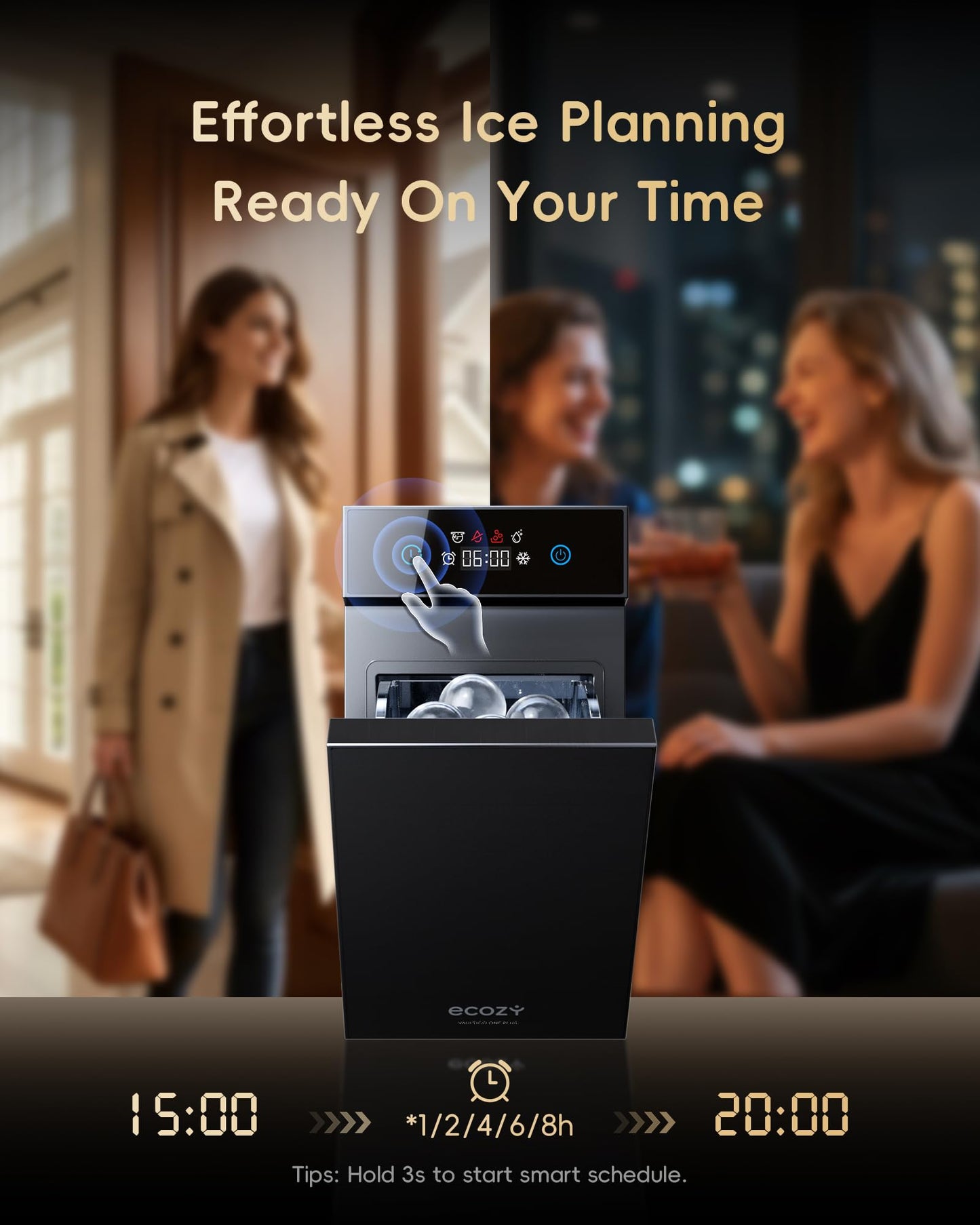 Ecozy Countertop Ice Maker, Portable, Self-Cleaning, 9 Bullet Ice Cubes in 6 Mins, 26lbs/24Hrs, Ice Maker Machine with Ice Bags, Handle, Standing Scoop and Basket, Black, IM-BS261C